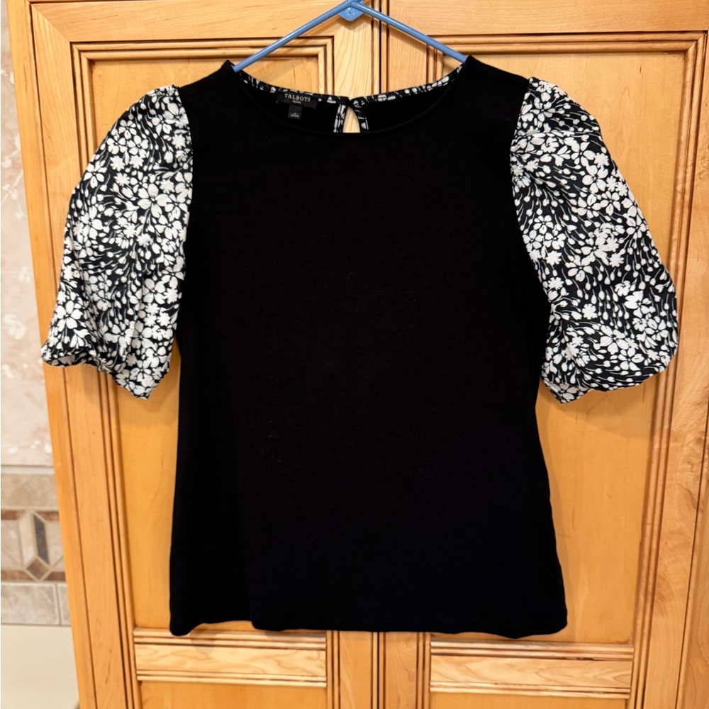 Talbots Black and White Ruffled Boxy Blouse